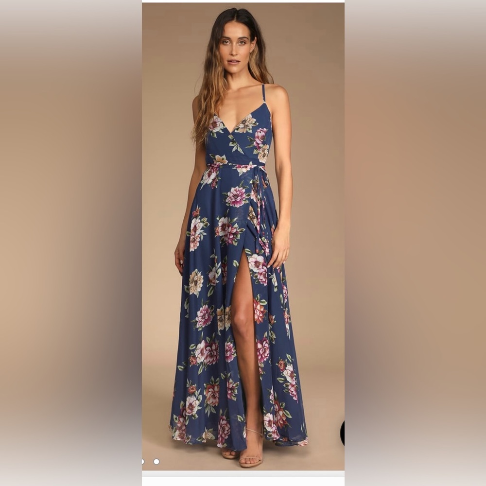 Navy Blue Floral Print Wrap Maxi Dress